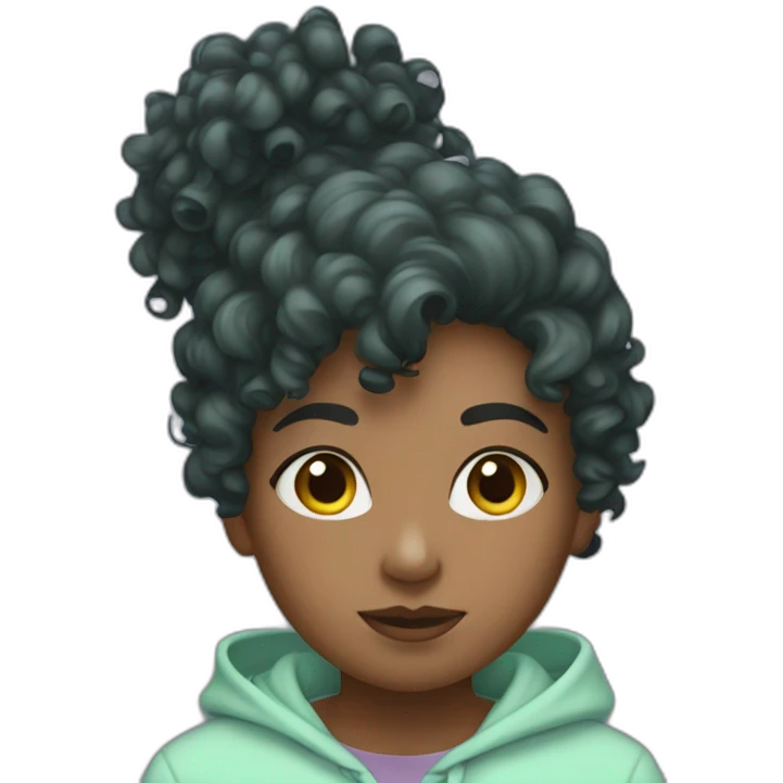 Dark curly hair girl in mint hoodie emoji