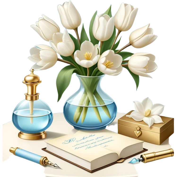 A luxurious still life featuring an ornate glass perfume bottle with a golden atomizer, a handwritten love letter, and a bouquet of white magnolias and pale blue tulips, with a pearl ribbon cascading over the table.
 emoji
