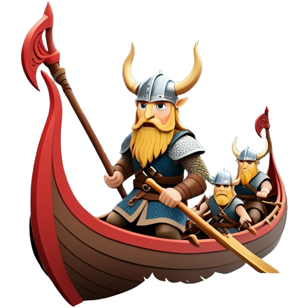 clash-of-clans-aesthetic_-cinematic-viking-longboat, rendered in a flat, bold vector style with minimal shading, featuring a striking dragon-headed prow slicing through waters. shields on the side and vikings rowing The longboat’s, the boat has carved motifs evoke a sense of epic adventure and Nordic might, with billowing sails catching a dramatic, stormy sky backdrop. emoji