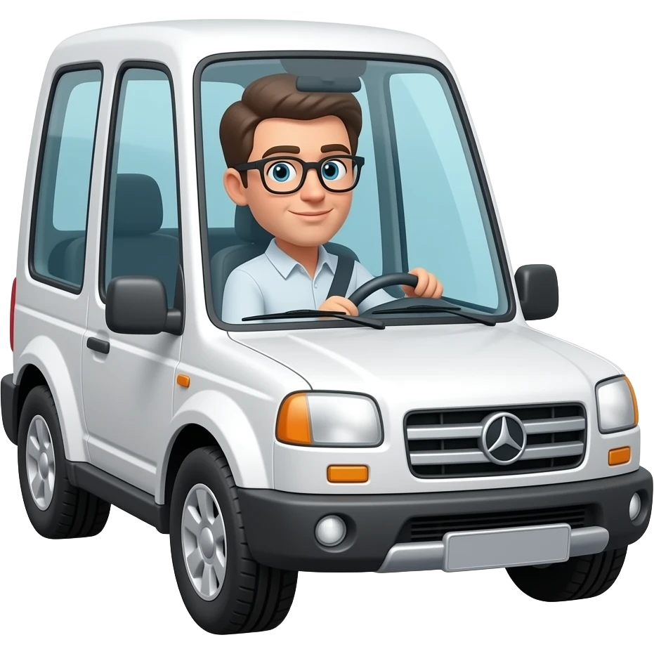 Emoji hombre moreno conduciendo camioneta blanca con gafas emoji