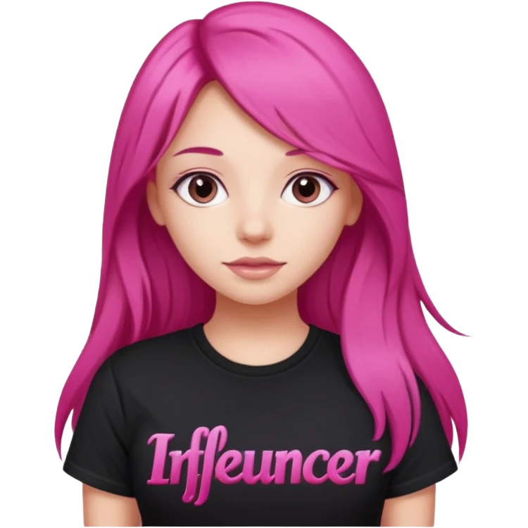 Girl with dark pink long hair wearing a black tshirt "influencer " in pink lettering font emoji