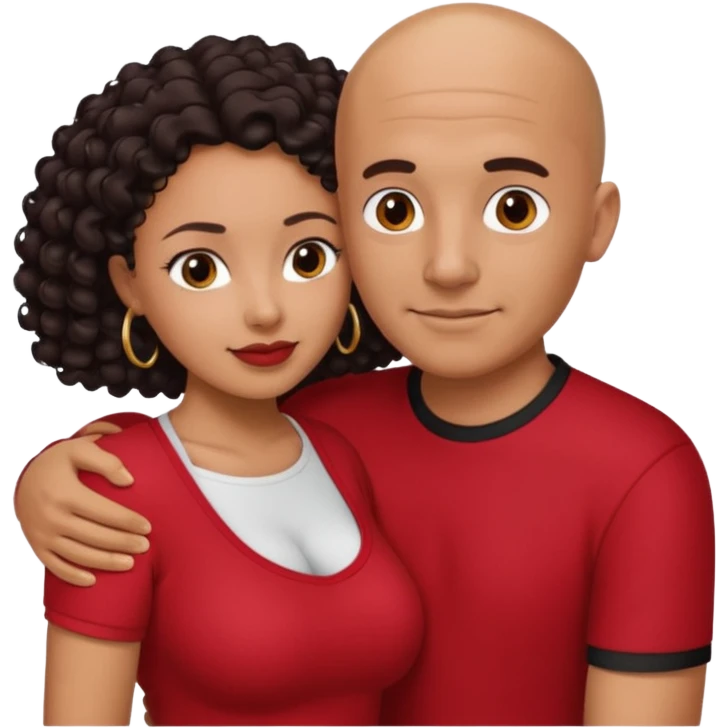A picture of a tanned couple embracing. the guy is Mexican, with a bald hair cut and he is wearing a red shirt. the girl is mixed, the girl is wearing a black shirt, the girl has curly longer dark brown hair and with big boobs  emoji