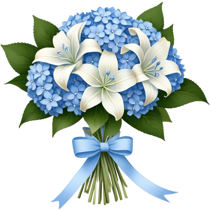A wooden table adorned with a small bouquet of baby blue hydrangeas and creamy white lilies, wrapped in a softly frayed linen ribbon. A single blue butterfly, dusted with a hint of silver, rests lightly on the bouquet, as if drawn to its delicate fragrance. emoji