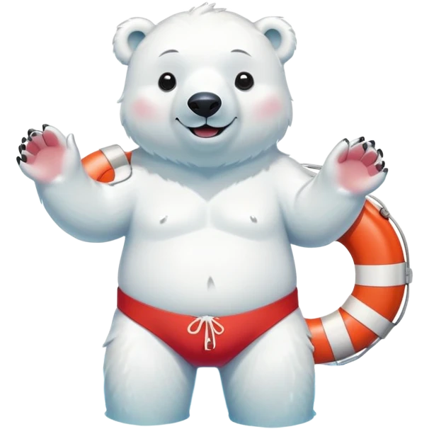 full body friendly anthropomorphised polar bear smiling, wearing colorful swim shorts, red and white life buoy around waist, swim goggles, standing in small pool of water emoji