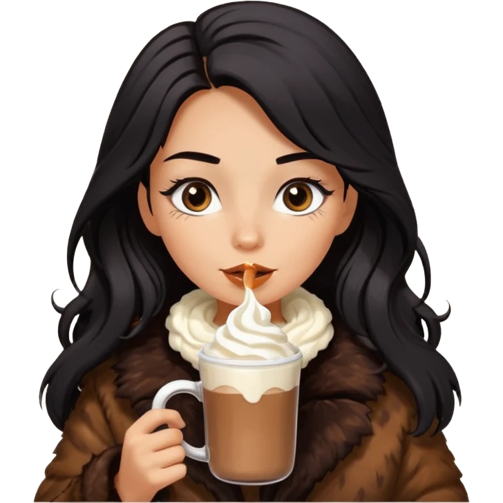 Tanned Girl with lashes , bright black long hair, in an extremely big fluffy brown fur mustang, and drinking hot chocolate drink emoji