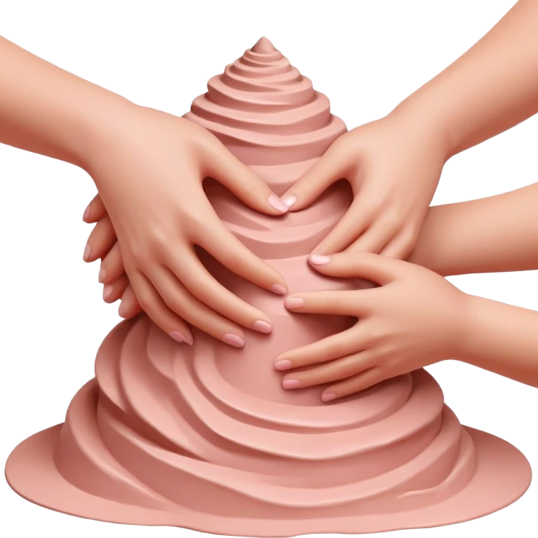 hands gently hugging a pink clay mound to maintain moisture and prevent cracks, palm hug pottery technique emoji
