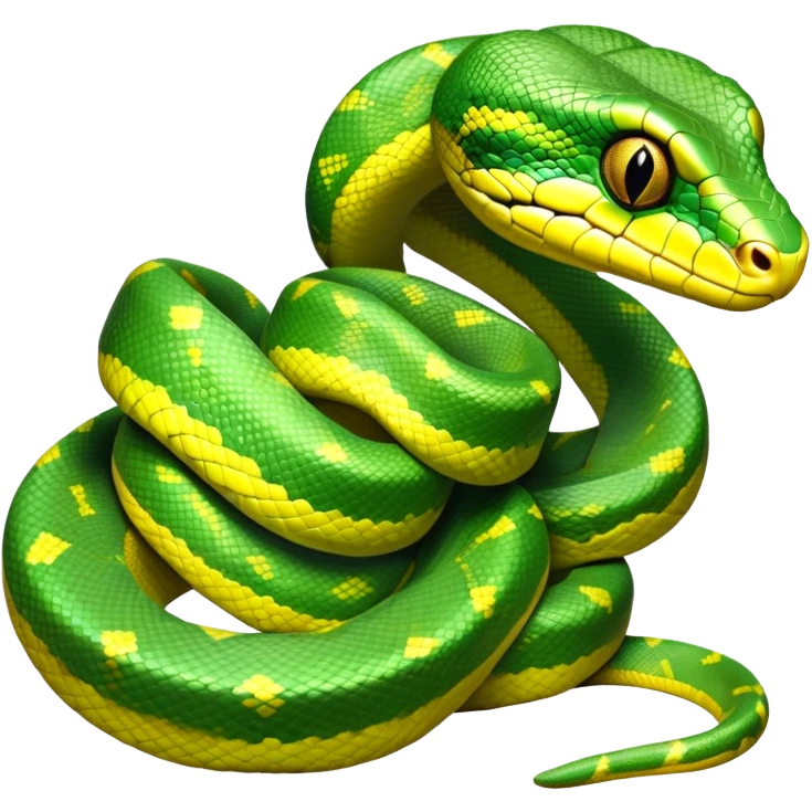 cinematic-green tree python-realistic-full-body-coiled-emoji,-thick-scaled-body-looped-tightly,-intricate-tellow and green-patterned-scales-reflecting-light,-head-tilted-dramatically,-slitted-eyes-staring-calmly,-simplified-yet-realistic-focused-feature emoji