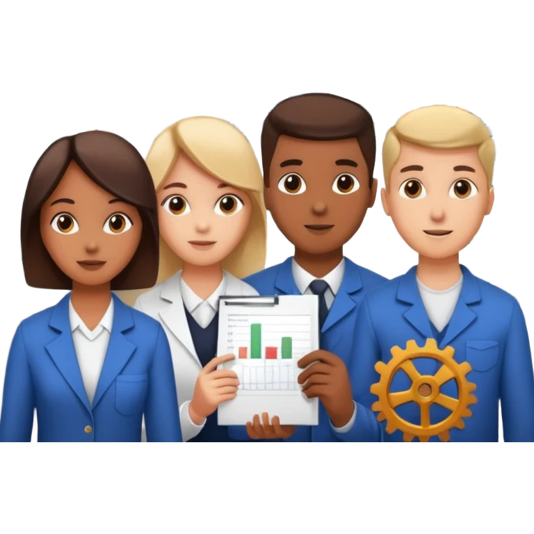 university class on production and operations management with factory, gears, students, and charts emoji