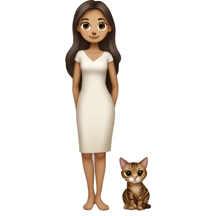 Beautiful skinny woman long dark brown hair in dress hug bengal cat emoji