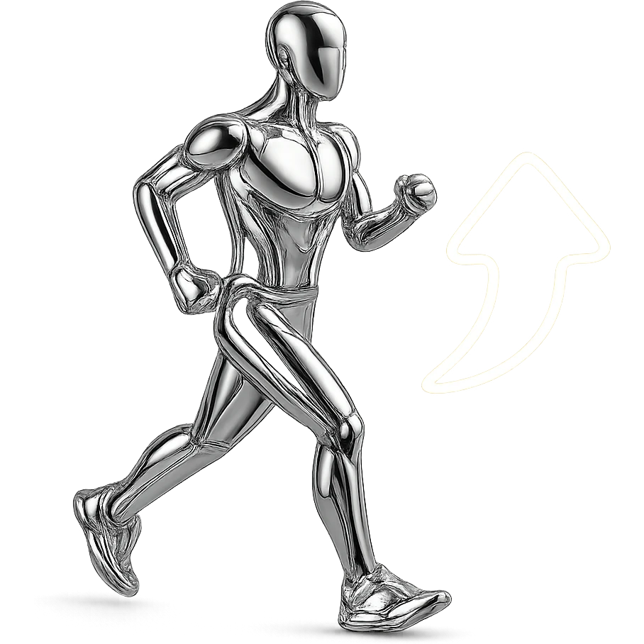 reflective chrome figure jogging with a glowing upward arrow, symbolizing health improvement emoji