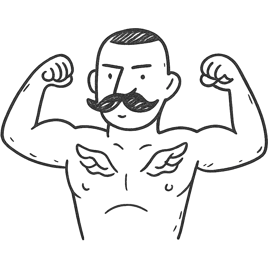 pumped up white male, buzz cut black hair, handlebar mustache black, two wings tattooed on his chest emoji
