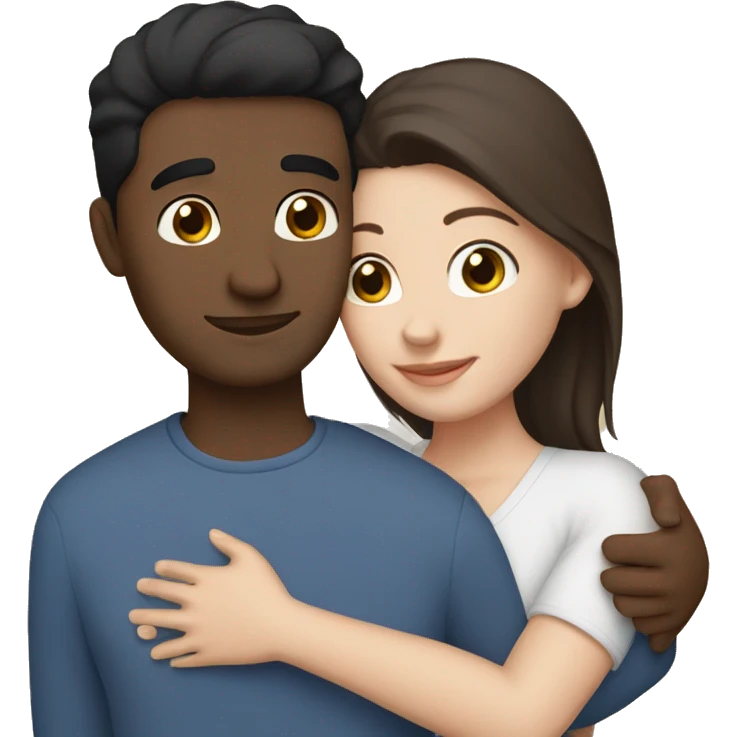 Friends hugging each other. Indian man, short black hair. White woman, blue eyes and brown hair emoji