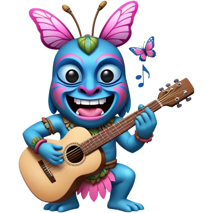 Pixar style little Cartoon Blue and pink tiki singing with a butterfly and playing a guitar, ultra detailed and lifelike imagery emoji