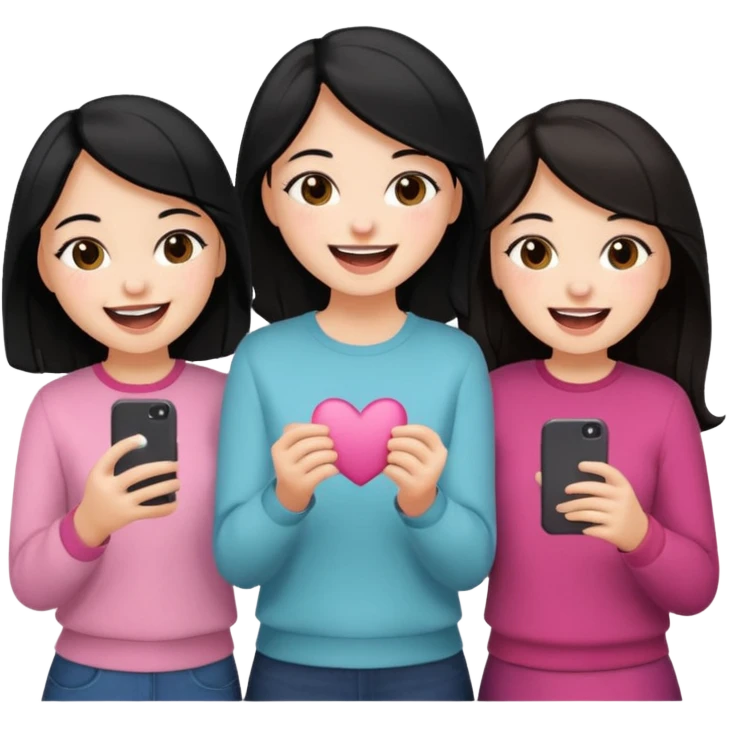 3 friends having fun, one with black hair, 2 with brown hair, girly style emoji
