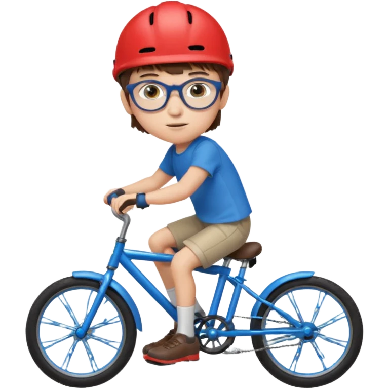 12 year old boy with short brown hair and a fringe, round glasses, blue eyes, riding a blue bike, wearing a red helmet emoji