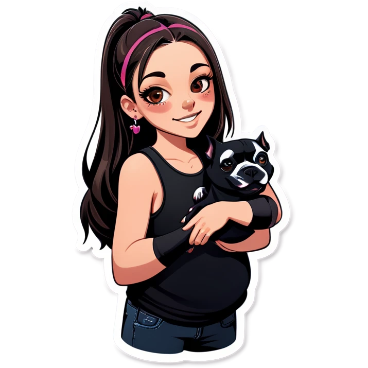 Slightly overweight beautiful girl with choppy long dark hair with her nose piercing and her black iPhone with her her pet pit bull girl with an underbite layed next to her emoji