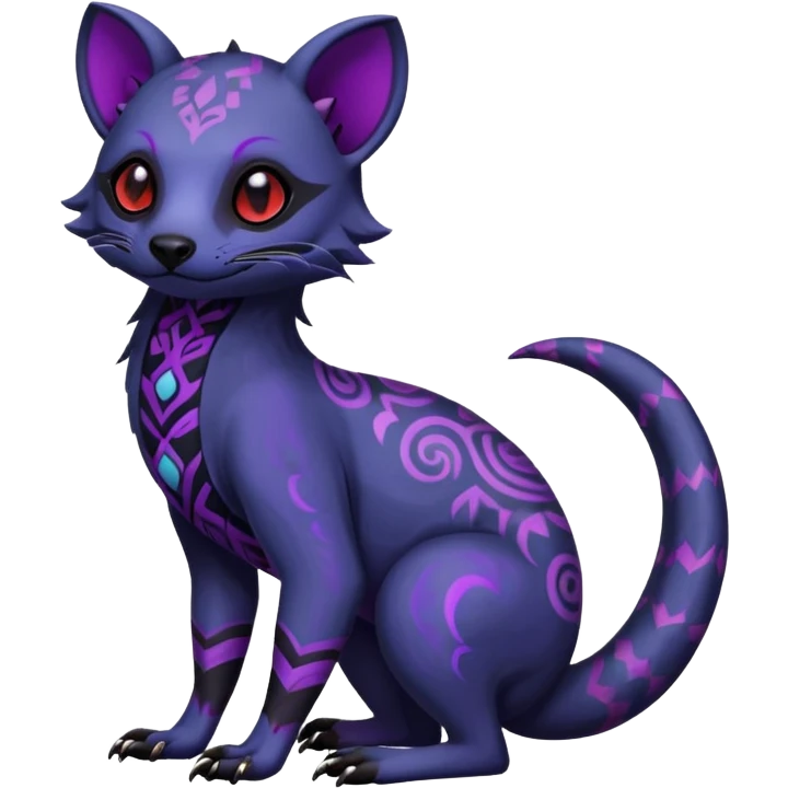 Rare warm-colored exotic gloomy tropical edgy cute epic aesthetic spooky indigo violet purple black red gothic colorful Salandit-Civet-species-Fakemon-hybrid-creature, with tribal tattoo markings, full body emoji