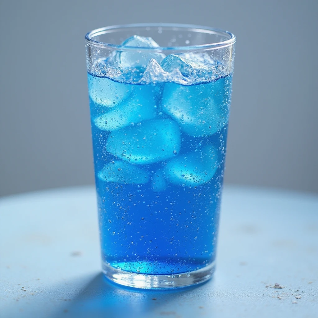 realistic blue soda in a transparent glass with condensation, photorealistic style emoji