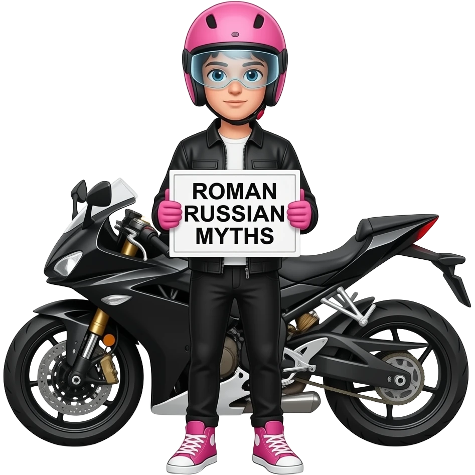 a young man with black jacket and pants wearing pink sneaker and pink gloves, he also wears a pink helmet with an  unvisible vision, he stands in front of a black white motorcycle and is holding a ROMAN RUSSIAN MYTHS sign emoji