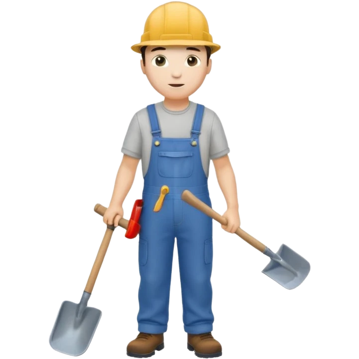 male worker 1950 flat hat and overalls and shovel standing emoji