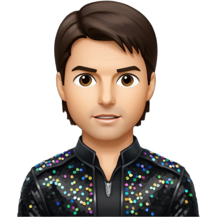 Tom Cruise with dark brown hair, black sequin outfit emoji