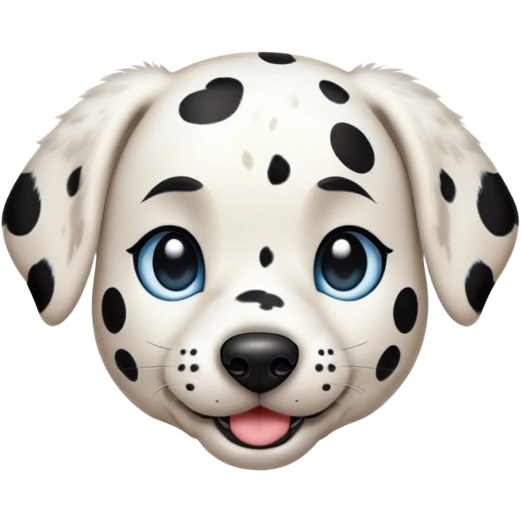 Cinematic Cute Spotted Dalmatian Portrait Emoji, Head tilted playfully and inquisitively, featuring a glossy Fur of predominantly white with dynamic black patches, round, sparkling blue eyes filled with gentle curiosity, Simplified yet irresistibly adorable features, highly detailed, glowing with a warm, friendly glow, high shine, affectionate and gentle, stylized with a touch of whimsy, bright and endearing, soft glowing outline, capturing the essence of a mischievous yet loving pup, so playful it feels like it could lumber out of the screen and into your arms! emoji