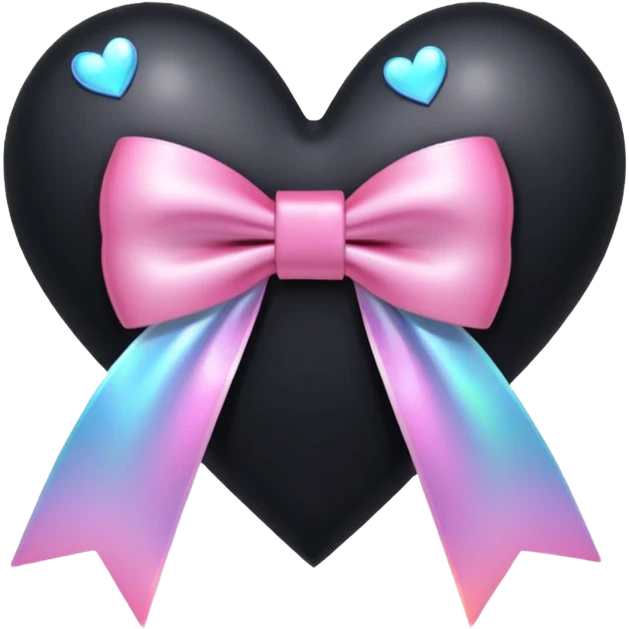 holographic black heart with a pink bow and heart pattern on the bow emoji