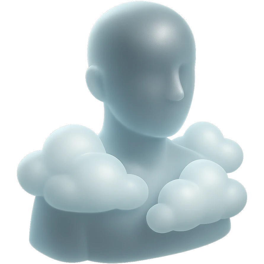 person looking straight ahead, shoulders filled with convex white fluffy clouds, matte glass style emoji
