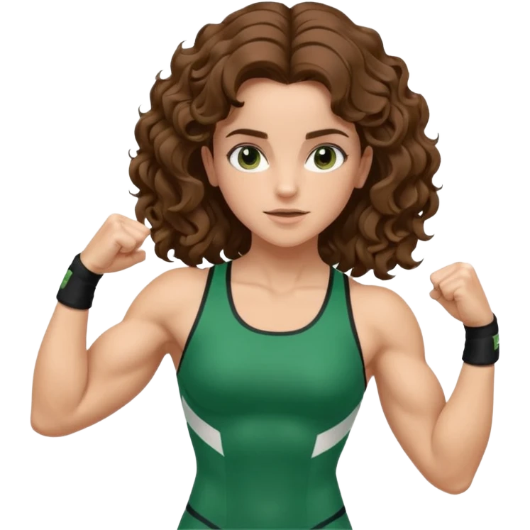 flexing muscles, big biceps, muscled torso, very beautiful italian girl, looking like Emma Watson, with curly and big volume very bright brown hair, dressed in a beautiful green sports costume emoji