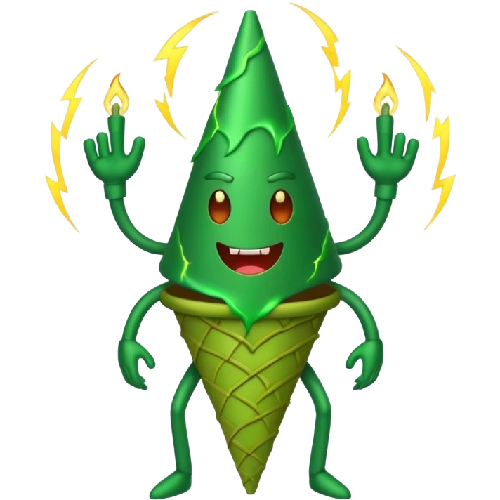 evil green cone man with 6 legs with lightning in the back emoji