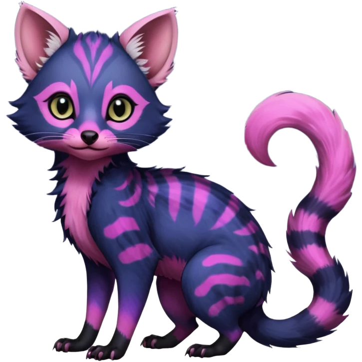 Deep dark Indigo-Violet-pink-gradients with darker points Asian painted anime-styled big-eyed shiny glorious divine marked exotic cool beautiful realistic Lykoi-civet-genet-sergal-ocicat-oncilla-animal-Fakémon-hybrid-fursona (full body) emoji