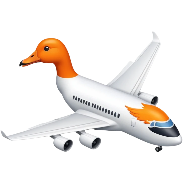 A commercial passenger airplane with a white goose head and orange beak replacing the cockpit emoji