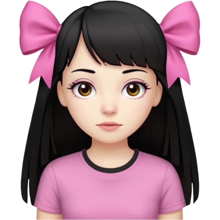 девушка с бледной кожей у неё длиные прямые черные волосы и челка прямая длинная ниже бровей глаза коричневого цвета худая у неё длиные ресницы одета в розовую футболку и на влосах слева бантих emoji
