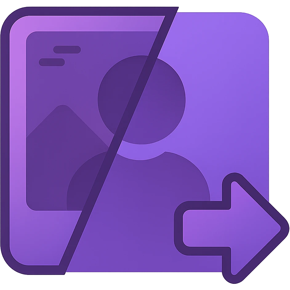 Gradient logo for photo restoration featuring an old photograph transforming into a clear image, in a purple color style, no background. emoji