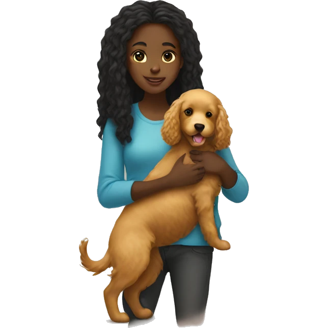 black girl with long hair holding a golden doodle puppy emoji