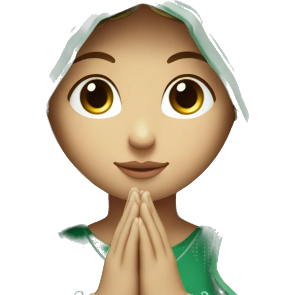Virgin Mary: Serene and kind face. Wearing an emerald green  robe and white veil. Hands in prayer or blessing. Halo around her head. standing on a crescent moon.  emoji