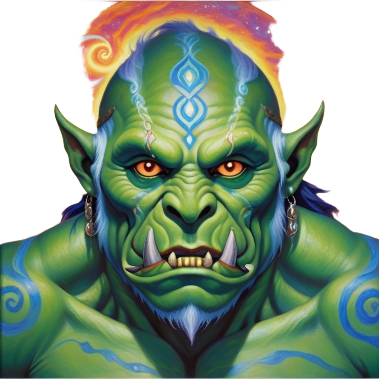 A luminescent galactic enchanted orc, his ethereal presence shimmering with otherworldly energy, each detail radiating with mystical power and ancient wisdom. The painting, a masterpiece of acrylic art, captures the orc's hauntingly beautiful visage in exquisite detail. Swirls of cosmic colors dance around him, evoking a sense of celestial wonder, while intricate patterns of glowing runes adorn his intricate armor. The image is vivid and captivating, drawing viewers into a mesmerizing realm of fantasy and magic. emoji