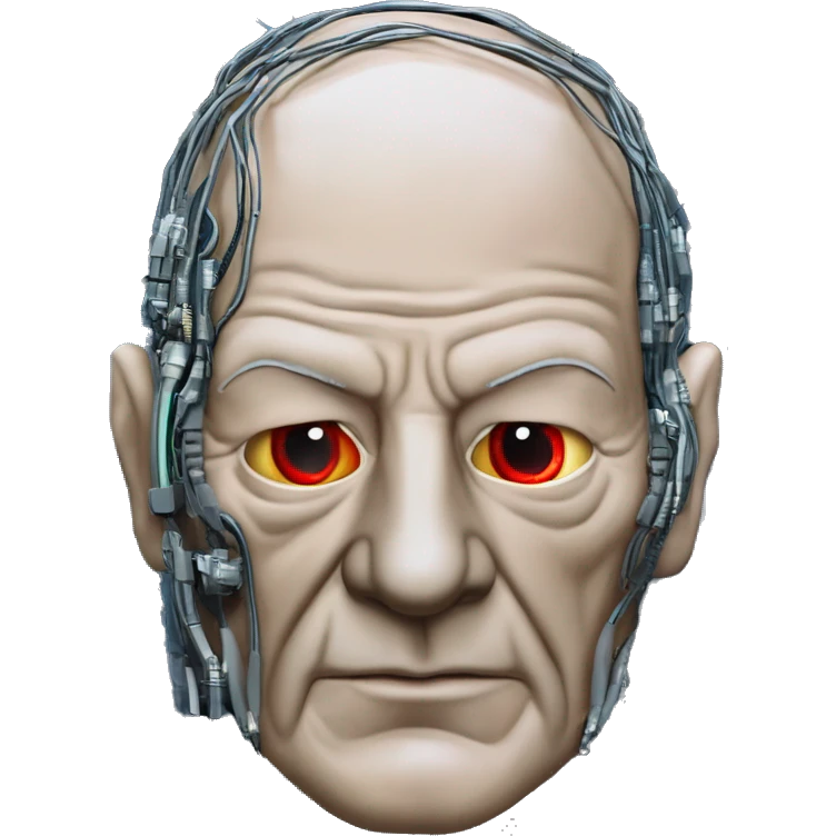 Jean luc picard from Star Trek assimilated by the Borg, with mechanical metal covering the left side of his face, with wires and a red light on the left side. His eyes are blue emoji