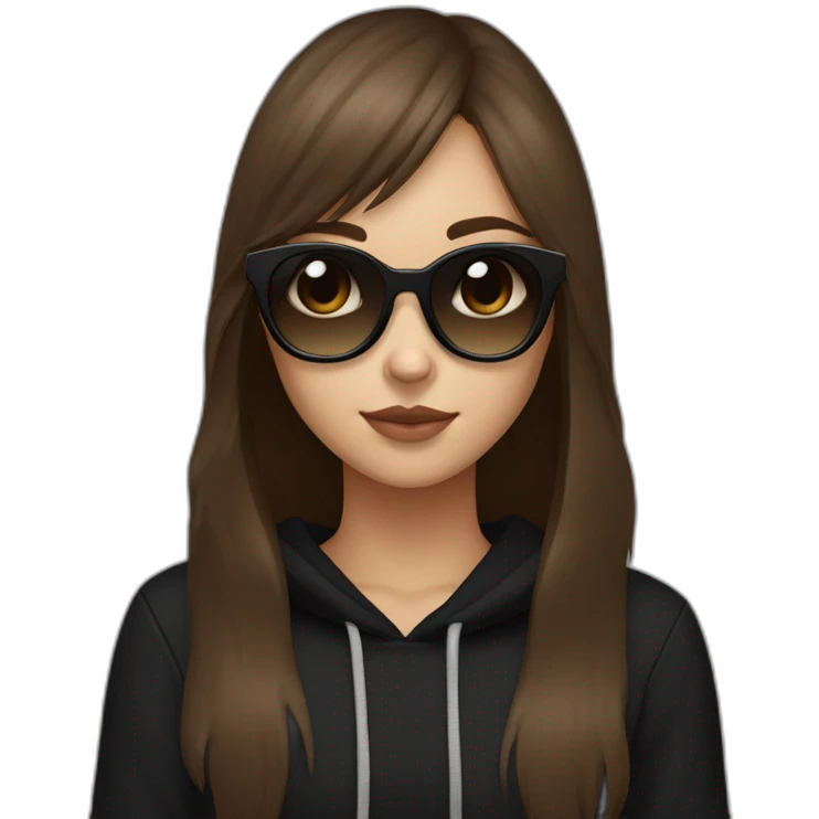 a girl with brown medium hair and with long bangs to eyes, Brown eyes; she have a black cat in hands; she have a black square sunglasses; she's wearing a black hoodie emoji