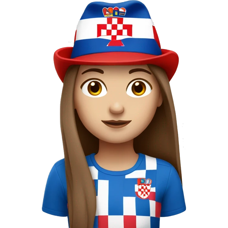 white girl with long brown hair and a croatia flag hat on her head emoji
