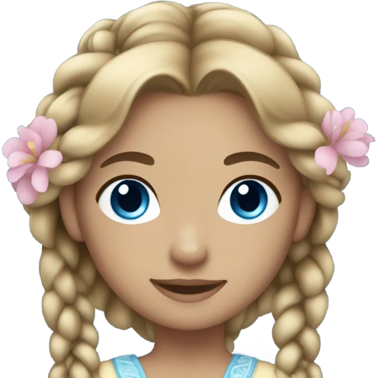 Princess, dark blonde hair in braids, blue eyes, holding flowers emoji