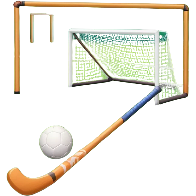 A field hockey stick and ball positioned on a vibrant green grass field, with the goalposts and clear field markings in the background. The scene highlights the lush, well-maintained turf, emphasizing the speed and precision of the sport in an energizing outdoor setting. emoji