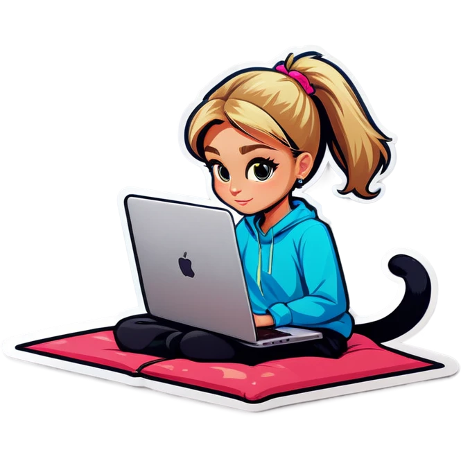 Blonde girl ponytail macBook and a cat emoji