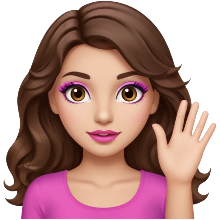 girl with long wavy brown hair, brown eyes, long lashes makeup, sexy pink lips, light to medium complexion, pink sexy top,waving emoji