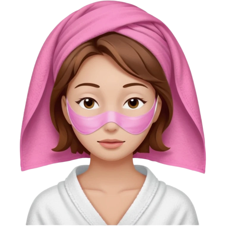 A woman with brown hair partially visible beneath a white towel wrapped around her head. Her face is covered with a pink skincare mask applied to the T-zone and cheeks. She has a calm, content expression with her eyes closed emoji
