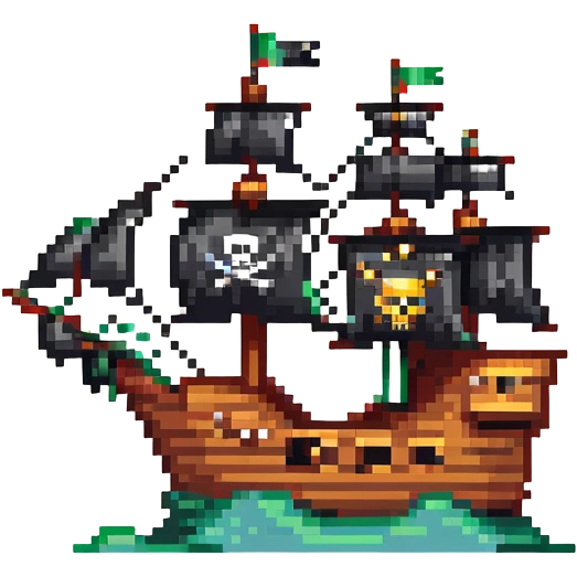 A pirate ship with black sails and flag emoji