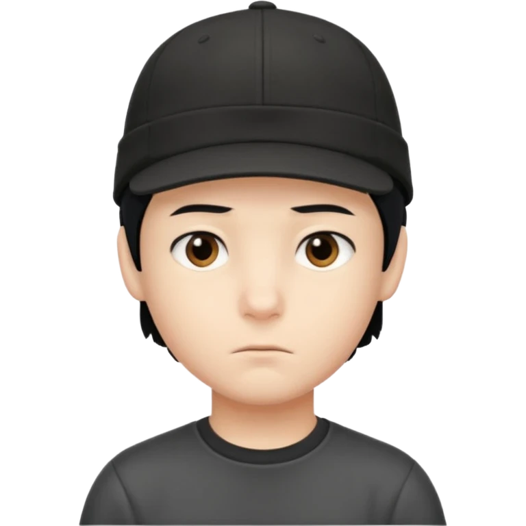 Gere um menino de cabelos preto e boné de lado com feição séria branco emoji