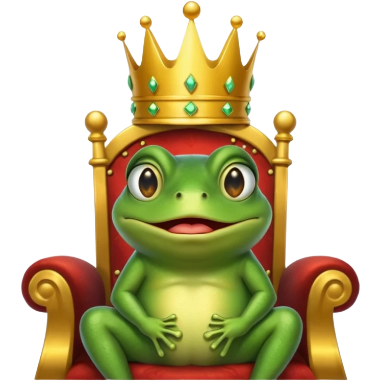A cry frog wearing a crown, confidently sitting on a golden throne, cry tear from eyes, portrait, bust up emoji