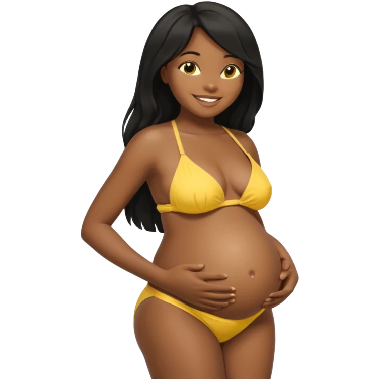 Dark african black girl long black hair, yellow bikini top, smiling, bare midriff, brown eyes, huge round pregnant belly, yellow bikini bottoms, side view emoji