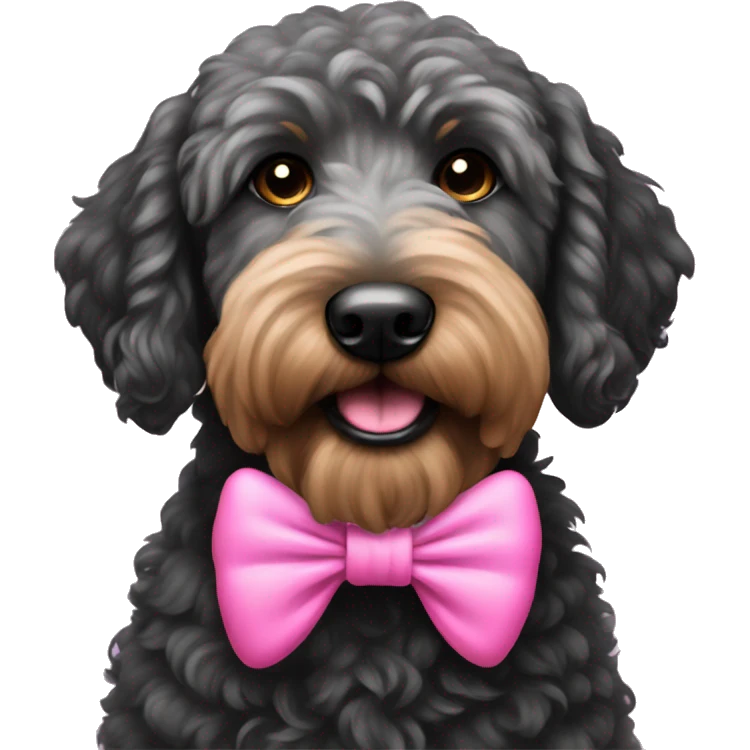 Black golden doodle with a pink bow emoji